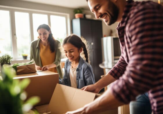 Famille heureuse avec des cartons pendant un déménagement, illustrant le concept de déménager en garde alternée