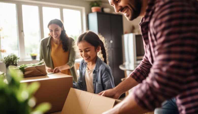 Famille heureuse avec des cartons pendant un déménagement, illustrant le concept de déménager en garde alternée