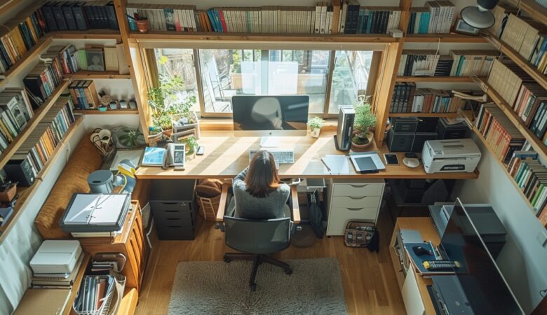 Aménagement d'un coin bureau fonctionnel et élégant dans un petit appartement, optimisant l'espace pour une productivité maximale.